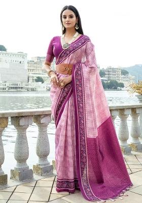 Pink Embroidered Silk Saree Set