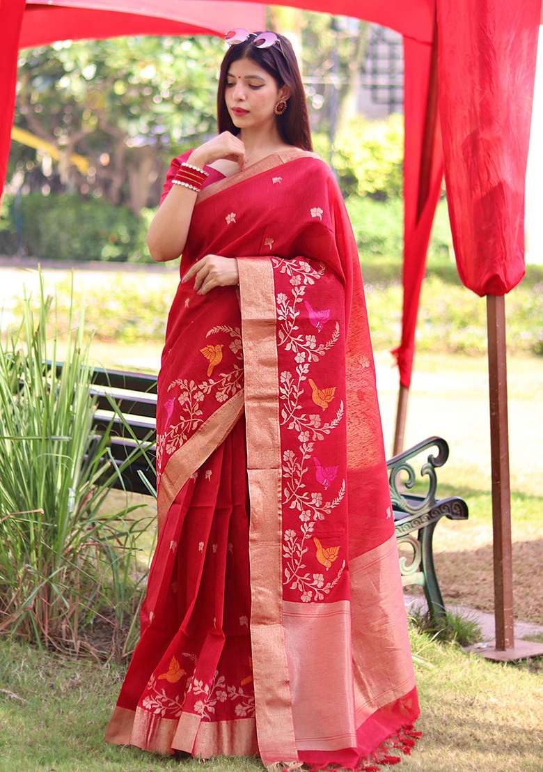 Red Embroidered Silk Blend Saree Set - Indya