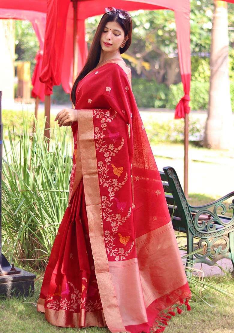 Red Embroidered Silk Blend Saree Set - Indya