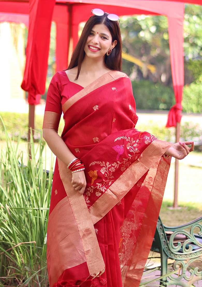 Red Embroidered Silk Blend Saree Set - Indya