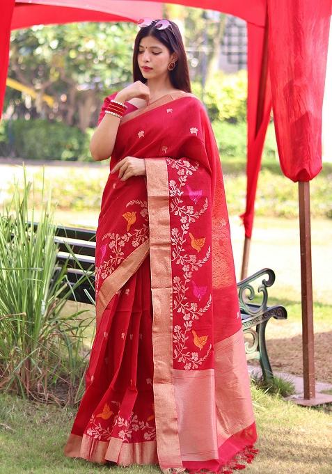Red Embroidered Silk Saree Set