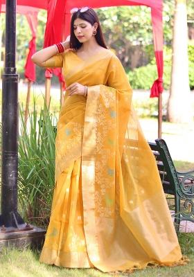 Yellow Embroidered Silk Saree Set