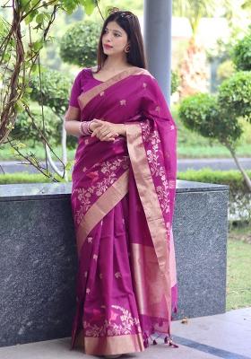 Magenta Embroidered Silk Saree Set
