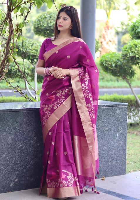 Magenta Embroidered Silk Saree Set