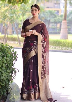 Brown Embroidered Silk Saree Set