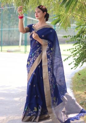Blue Embroidered Silk Saree Set