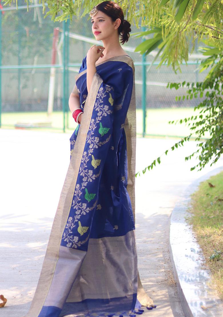 Blue Embroidered Silk Saree Set - Indya