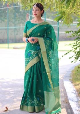 Green Embroidered Silk Saree Set