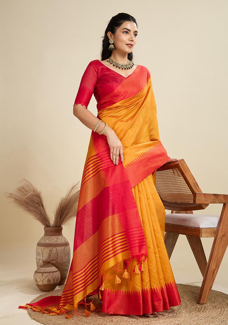 Orange Embroidered Silk Saree Set - Indya