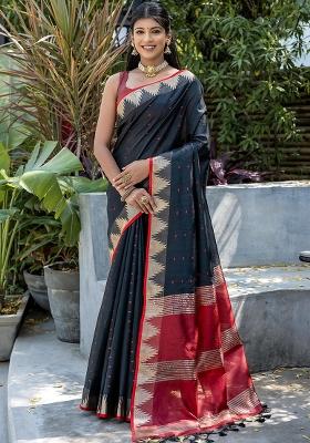 Black Embroidered Silk Saree Set