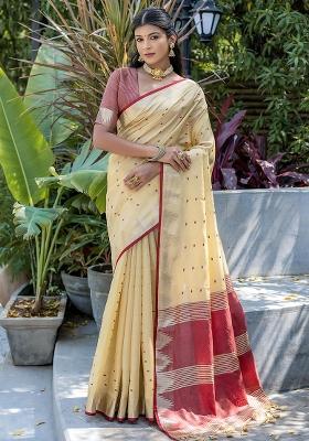 Cream Embroidered Silk Saree Set