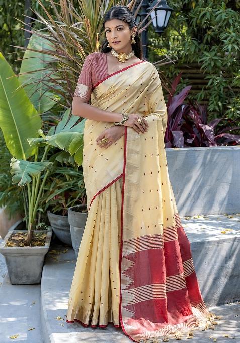 Cream Embroidered Silk Saree Set