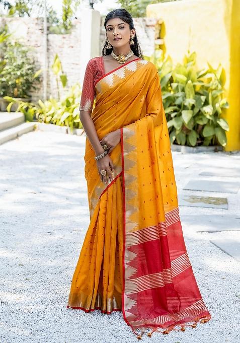 Mustard Embroidered Silk Saree Set