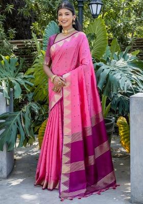 Pink Embroidered Silk Saree Set