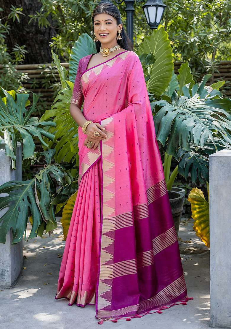 Pink Embroidered Silk Blend Saree Set - Indya