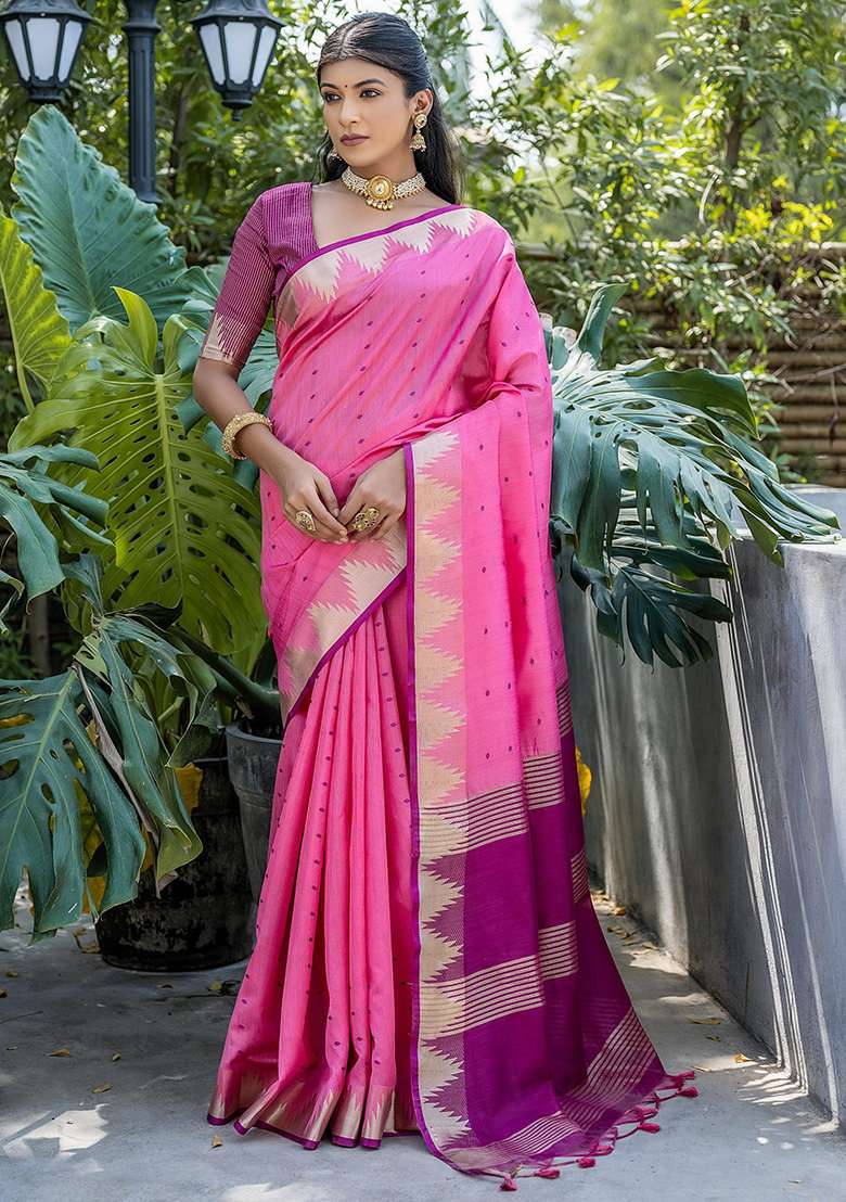 Pink Embroidered Silk Blend Saree Set - Indya