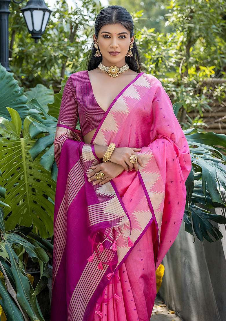 Pink Embroidered Silk Blend Saree Set - Indya