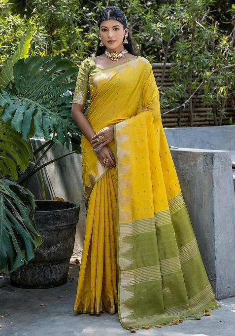 Yellow Embroidered Silk Saree Set