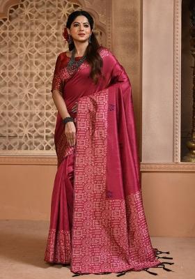 Magenta Embroidered Silk Saree Set