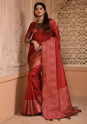 Red Embroidered Silk Saree Set