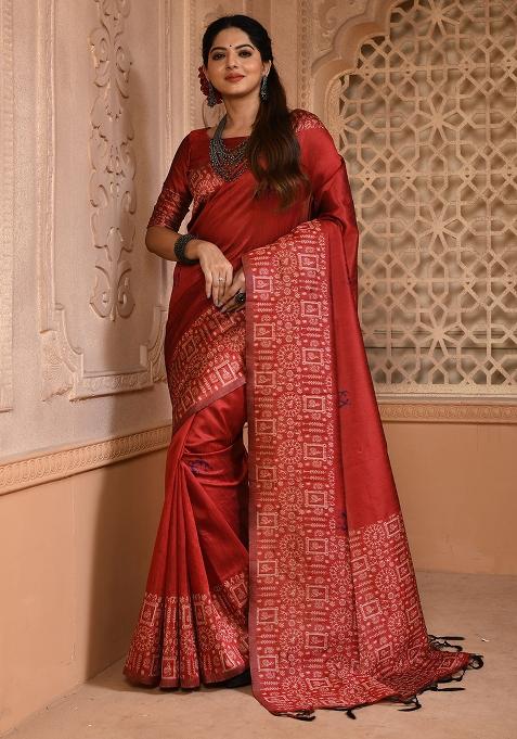 Red Embroidered Silk Saree Set