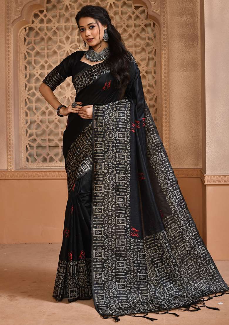 Black Embroidered Silk Blend Saree Set - Indya