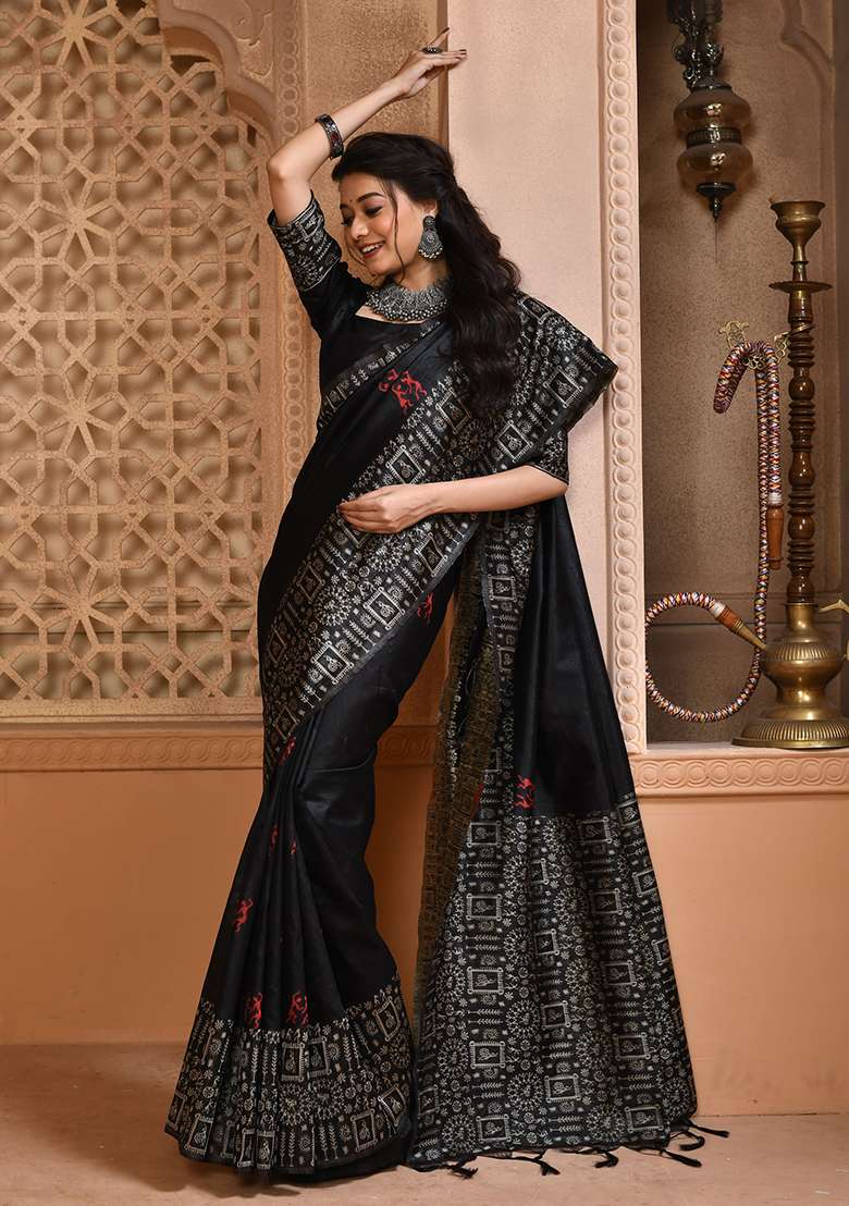 Black Embroidered Silk Blend Saree Set - Indya