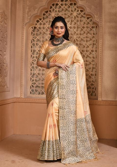 Cream Embroidered Silk Saree Set