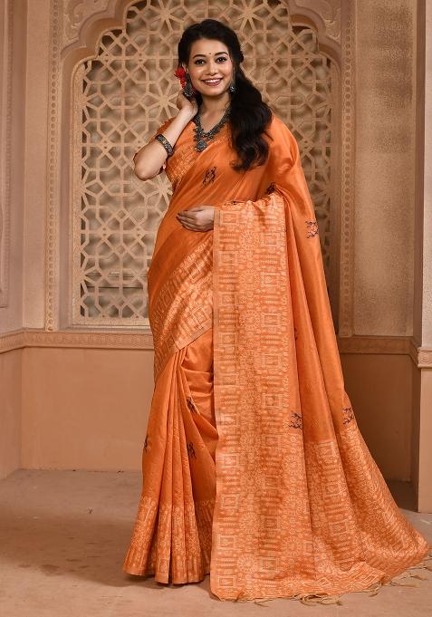 Orange Embroidered Silk Saree Set
