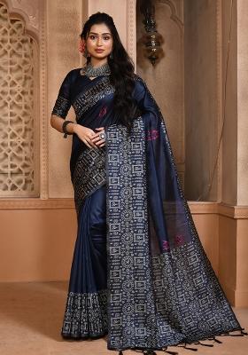 Blue Embroidered Silk Saree Set