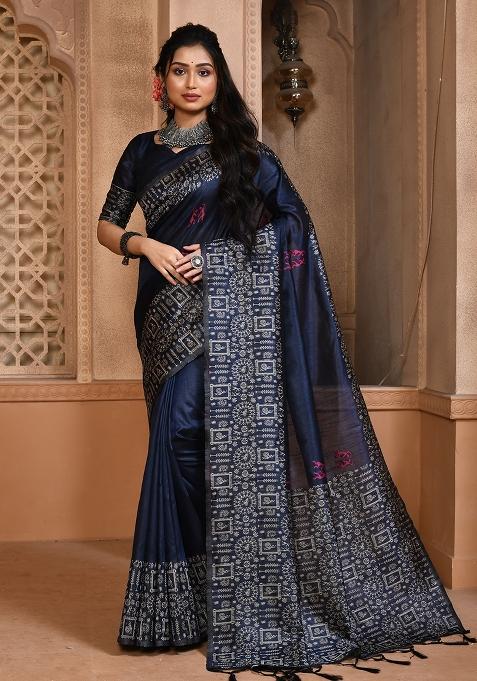 Blue Embroidered Silk Saree Set