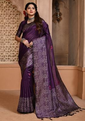 Wine Embroidered Silk Saree Set