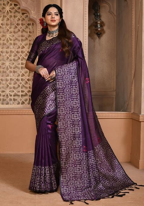Wine Embroidered Silk Saree Set