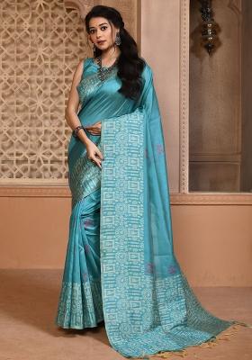 Aqua Embroidered Silk Saree Set