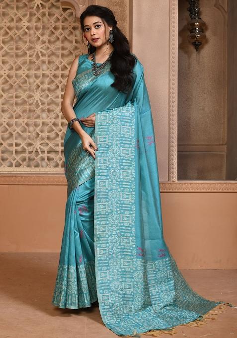 Aqua Embroidered Silk Saree Set