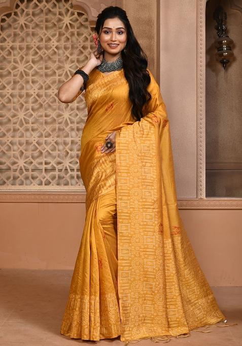 Yellow Embroidered Silk Saree Set