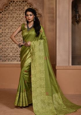 Mehendi Embroidered Silk Saree Set