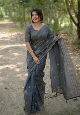 Grey Embroidered Silk Saree Set