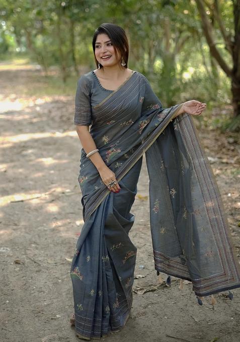 Grey Embroidered Silk Saree Set