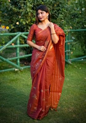 Rust Embroidered Silk Saree Set