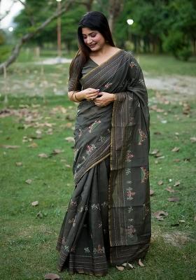Dark Grey Embroidered Silk Saree Set