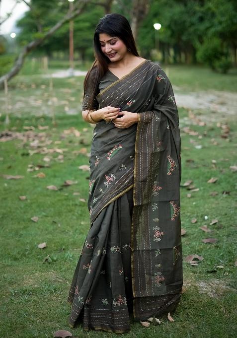 Dark Grey Embroidered Silk Saree Set