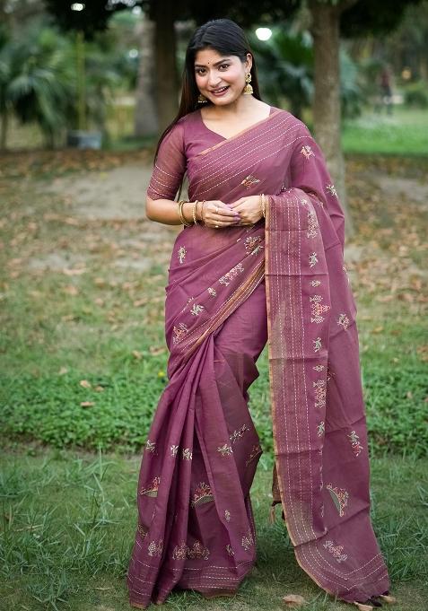 Pink Embroidered Silk Saree Set