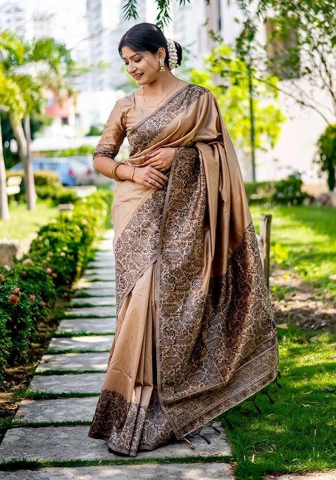 Drak Cream Embroidered Silk Saree Set