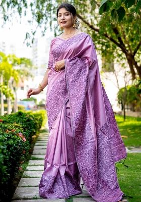 Purple Embroidered Silk Saree Set