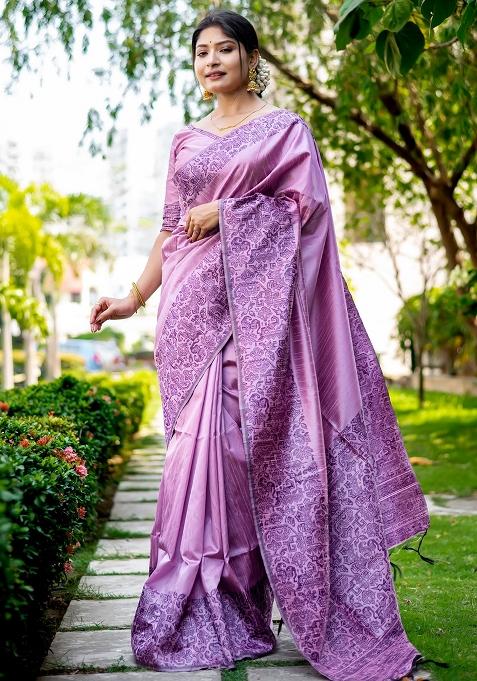 Purple Embroidered Silk Saree Set