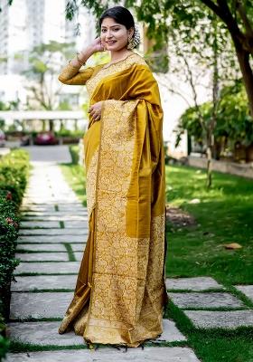 Mustard Embroidered Silk Saree Set
