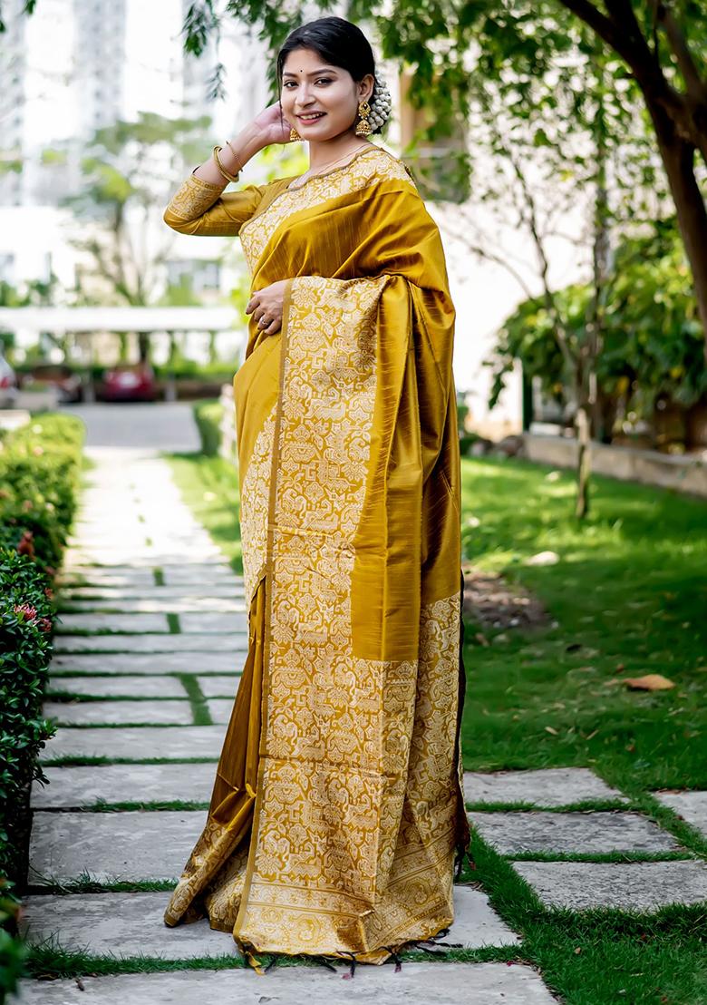 Mustard Embroidered Silk Saree Set