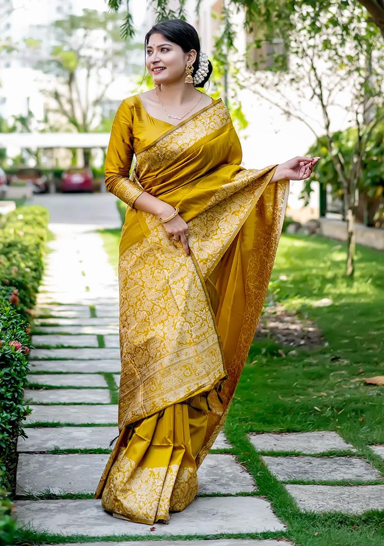 Mustard Embroidered Silk Saree Set