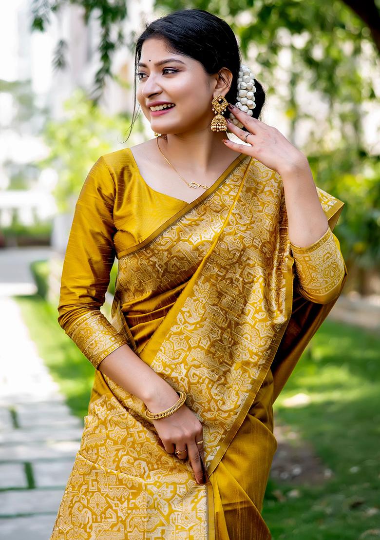 Mustard Embroidered Silk Saree Set